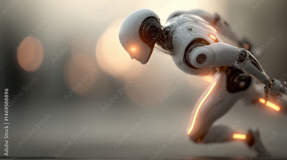 Poster Futuristic robot standing on a table in a modern workspace showcasing advanced technology and innovation