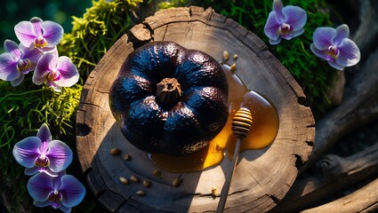 Obraz premium Black Pumpkin and Honey on Wooden Slice with Orchid Flowers