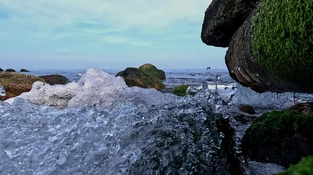 Fresh spring water flows in a powerful stream from an old leaky rusty pipe into the Black Sea, Odessa