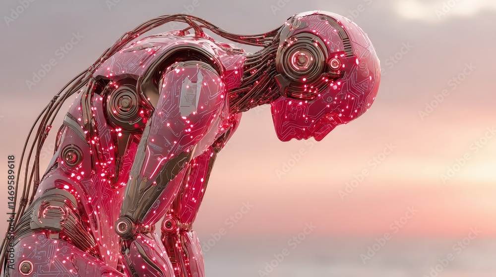 Aufkleber Abstract humanoid robot figure with glowing circuits against a soft pink background creating a futuristic atmosphere