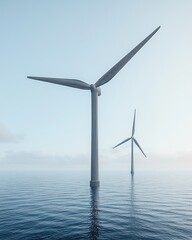 Two offshore wind turbines stand in calm ocean waters