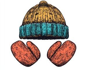 Winter accessories Knitted hat and mittens. Hand drawn illustration