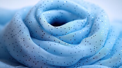 Delicate light blue fabric with tiny silver dots.  Close-up view of swirling folds