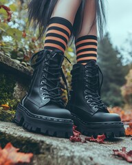 Black platform boots with orange striped socks on steps