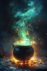 Enchanted cauldron, magical brew, glowing flames