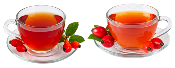 cup of rosehip tea with fresh and plump red, glowing berries on the side, against a transparent background