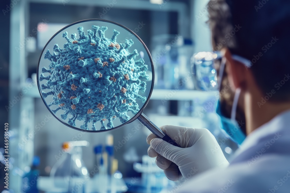 Poster scientist examines virus structure with magnifying glass in laboratory setting