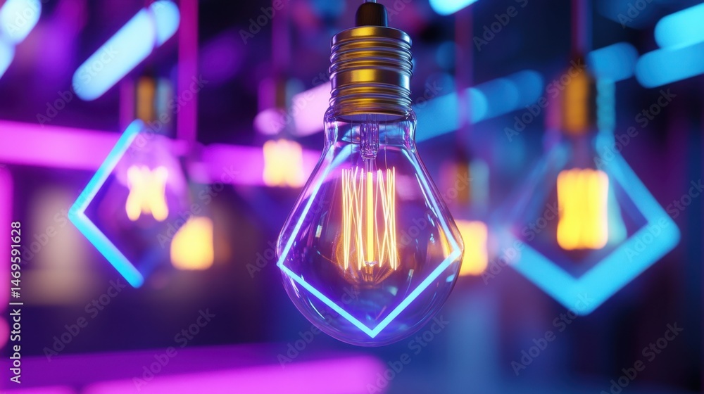 Poster hanging light bulbs casting glow with overlapping triangle design