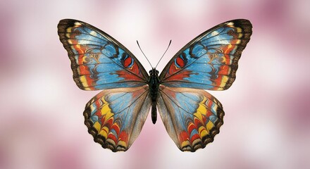 Vibrant Blue and Red Butterfly Wings Detailed Macro Closeup on Pink Background