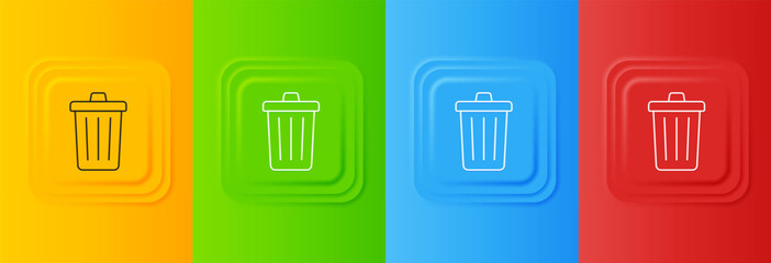 White Trash can icon isolated on colorful background. Garbage bin sign. Recycle basket icon. Office trash icon. Set icons in square buttons. Vector