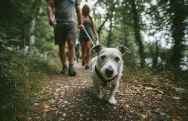 Tourists walking with dog on hiking trail in green forest