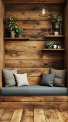 Wooden nook with comfortable seating and plants