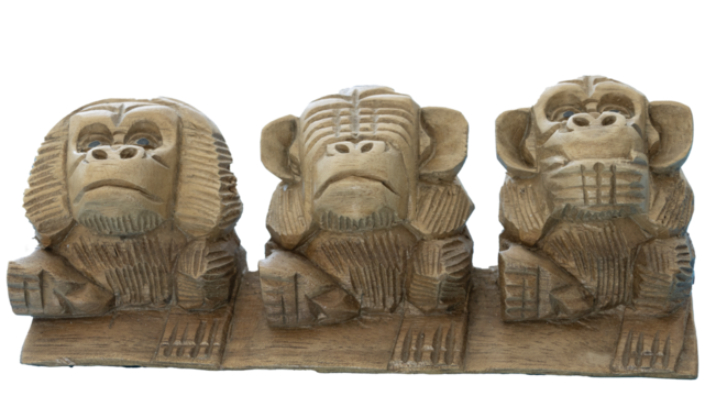 Wooden monkeys are depicted in a sitting position, with their hands covering their eyes, ears, and mouth, representing the proverbial "see no evil, hear no evil, speak no evil" concept.
