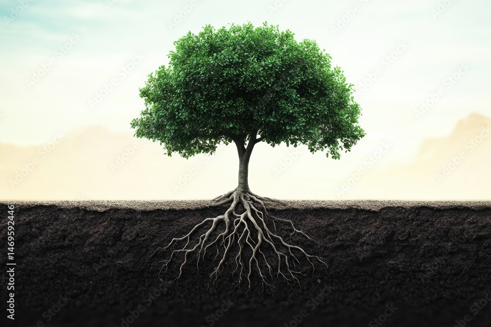 Poster exploring the beauty and significance of a tree with deep roots in minimalistic art