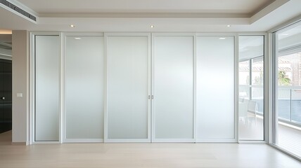 Fototapeta premium Modern Luxury Apartment Interior with Frosted Glass Sliding Doors and Balcony View balcony view home