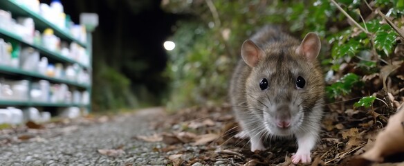 Rat on the ground near storage shelves