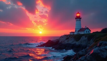 Solitary lighthouse, vibrant sunset, radiant light, vibrant, colors, clouds