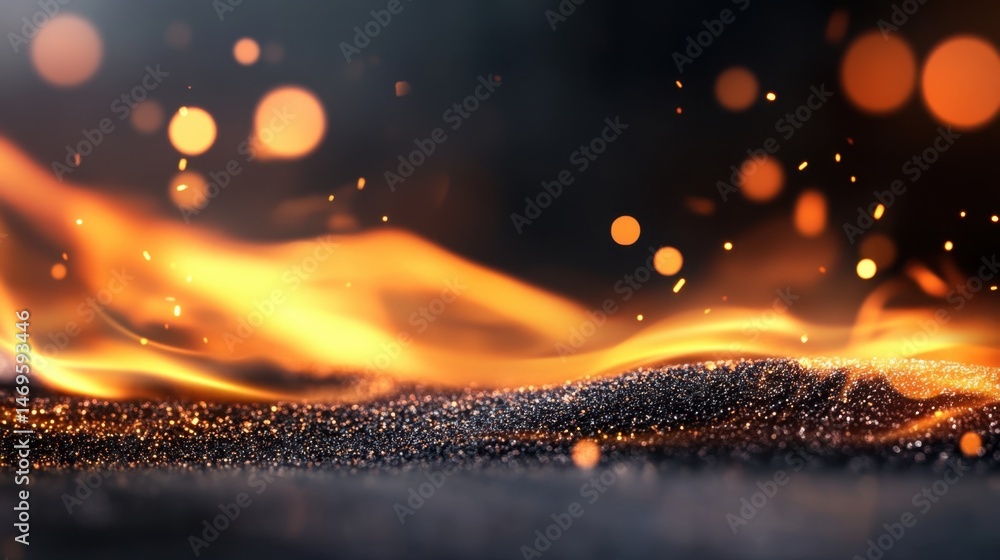 Poster intense orange sparks from fire, trailing across darkness with soft focus