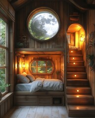Cozy wooden cabin bedroom with a moonlit window