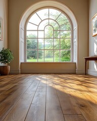 Spacious room with large arched window. Sunlight streams on wooden floor