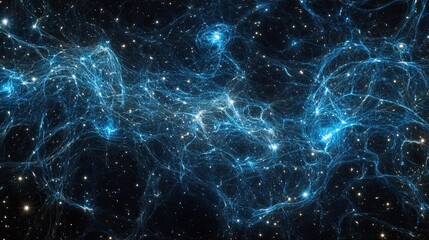 Glowing blue nebula with intricate, web-like structures against a dark, starry backdrop