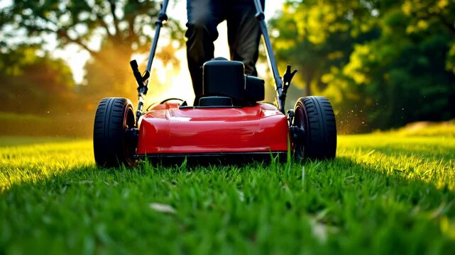 Man Mowing Lawn with Red Push Lawn Mower in a Sunny Garden