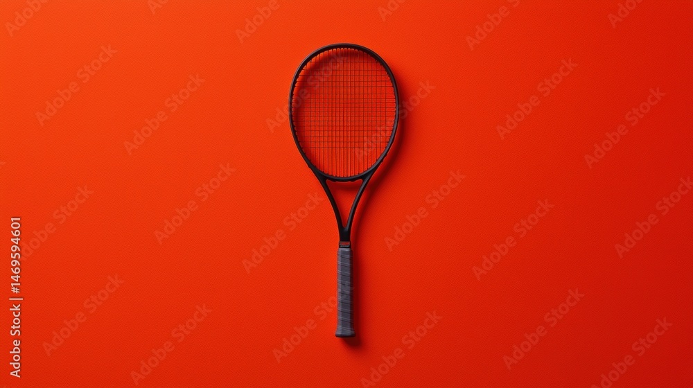 Poster a tennis racket with a black handle and red strings is shown against a red background.