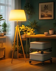 Warm, inviting home office corner with plants and lighting