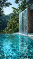 Cascading waterfall feature inside a serene pool