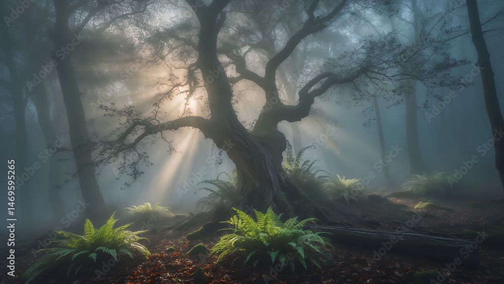 Poster sun rays shining through foggy forest with ferns and old tree