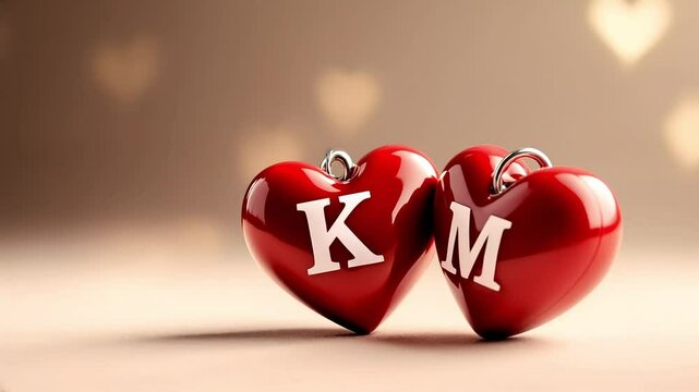Two glossy red heart-shaped ornaments, each bearing a white initial (K and M), sit against a soft, bokeh-filled beige background.
