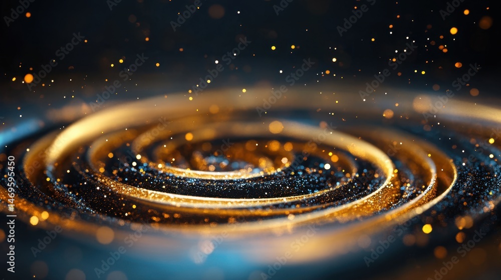 Poster luxurious swirling gold patterns with sparkling particles on a dark backdrop