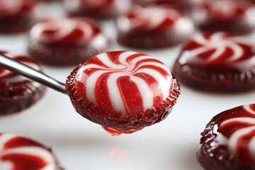 Close-up of red and white spiral hard candies