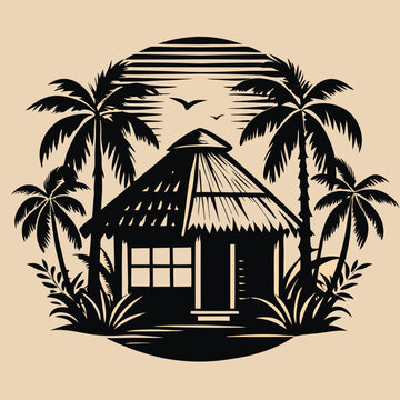 recommend clip art: Tropical Beach Hut Silhouette with Palm Trees at Sunset