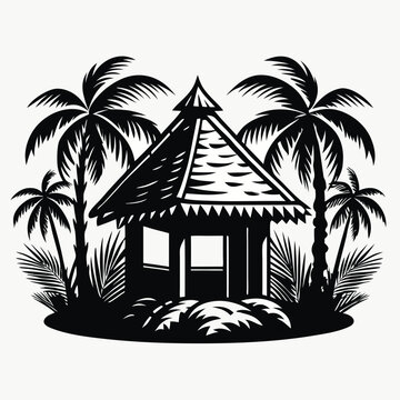 recommend clip art: Tropical Hut Black and White Illustration Surrounded by Palm Trees