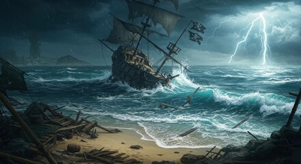 Naklejka premium Dramatic pirate ship wreck stormy sea epic lightning danger adventure