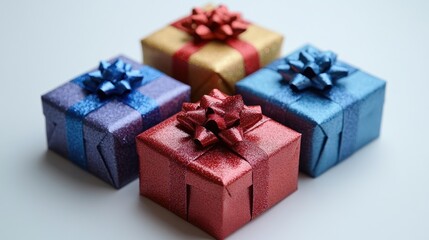 Four small gift boxes arranged in a square.  Each box is a different color and wrapped with shiny paper and a decorative bow