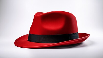 red fedora hat with black band on white background stylish and bold