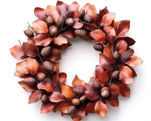 Autumn wreath, crafted from realistic-looking leaves, pinecones, and acorns, arranged in a circular form