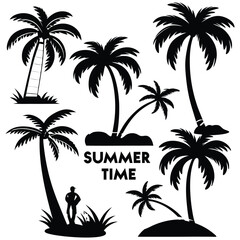 Collection of Black Silhouette Palm Trees Summer Time Tropical Design Elements