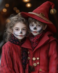 Two children in elaborate red costumes, adorned with intricate face paint and scarves