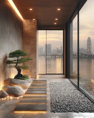 Tranquil modern zen space overlooking city river