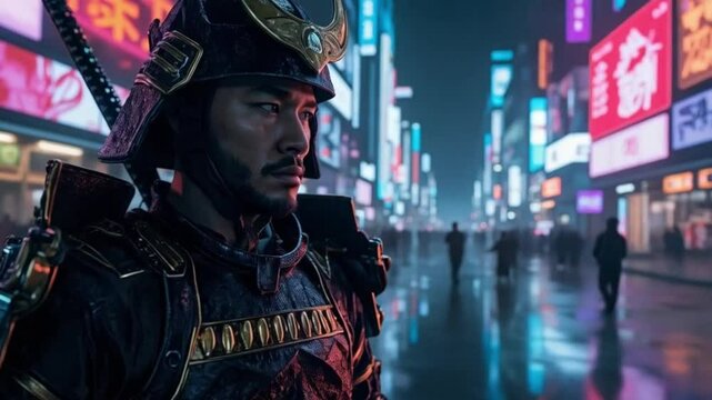 A man in a samurai costume stands in the rain in front of neon lights. Smooth repeating motion for background video animation.