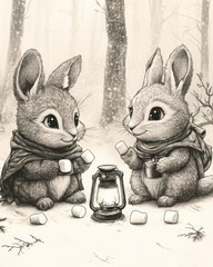 Two adorable rabbits sharing marshmallows by a lantern in a snowy forest