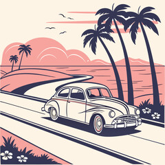 Classic Car Road Trip Coastal Sunset Palm Trees Summer Vacation