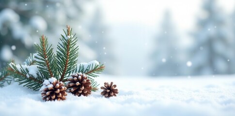Snow-dusted pine trees, pine cones scattered on pristine white background, landscape, branches