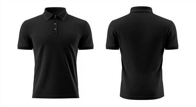 Classic black short-sleeve polo shirt, shown front and back.  Clean design, ideal for customization