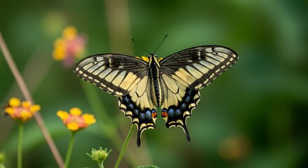 Fototapeta premium Stunning Close up of Eastern Swallowtail Butterfly on Flowers in a Lush Garden