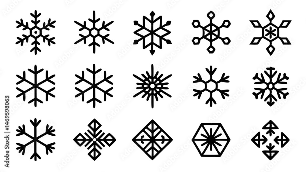 Poster versatile snowflake icon pack with simple and detailed line art