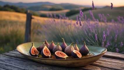 Figs Served on Rustic Wooden Table with Lavender and Countryside